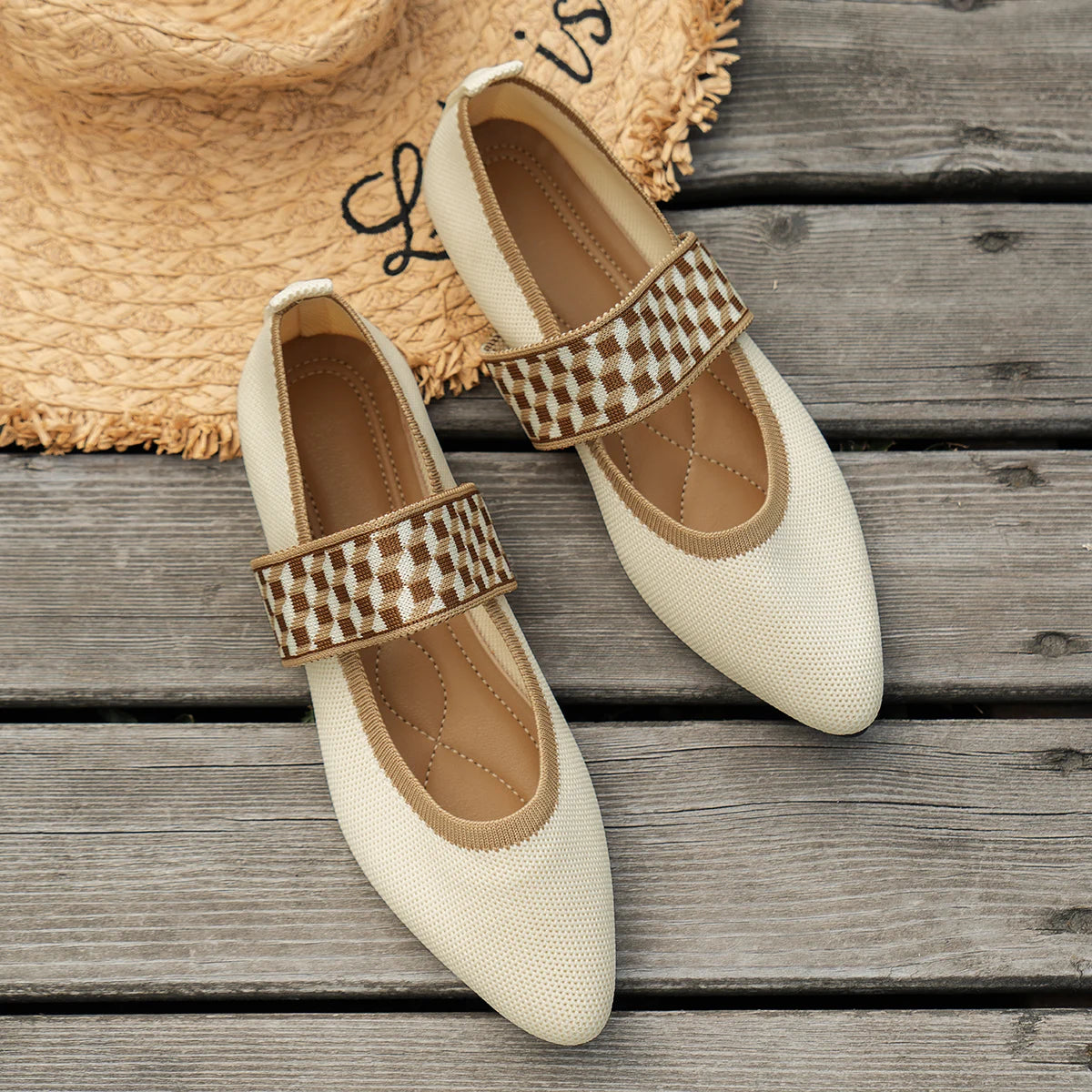 Knitted Color-block Women's Flat Shoes Dressy Ballet Flats Casual striped straps Pointed Toe Loafers Female