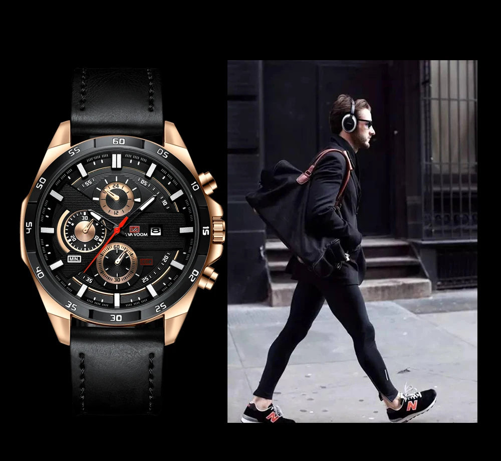 Black Leather Watch Top Brand Motorsport Series 46mm Large Military Style Quartz Movement Decorative Calendar Watch reloj hombre