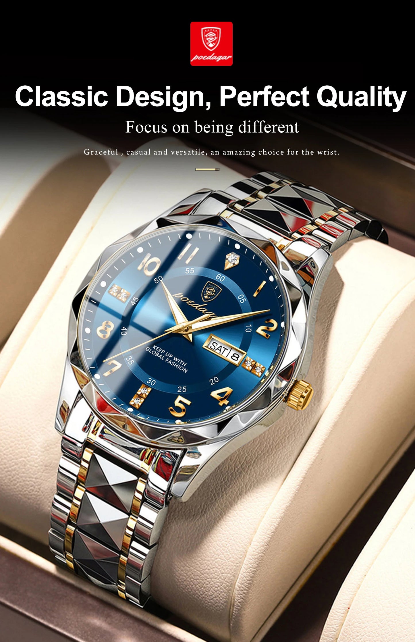 POEDAGAR Luxury Business Men's Wristwatch Stainless Steel Date Week Man Watch Waterproof Luminous Fashion Quartz Watches For Men