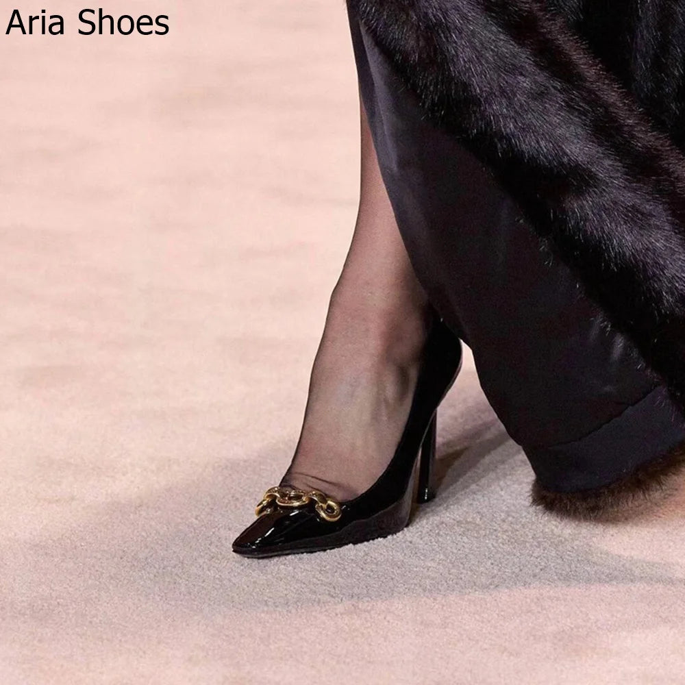 2025 New Summer Black High Heels Women's French Design Elegant 10Cm Stiletto Pumps Slip On Leather Pointed Toe Metal Buckle Shoe