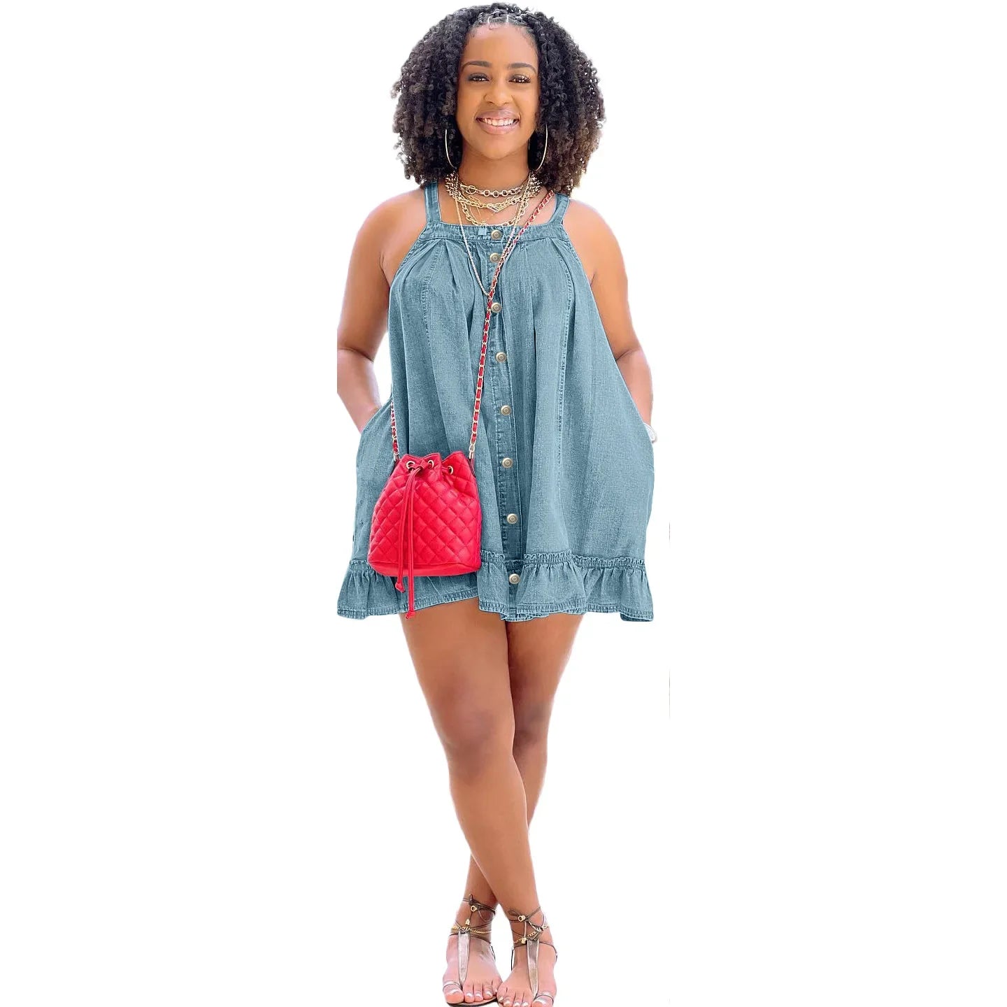 Elegant Women Denim Spaghetti Strap Dress