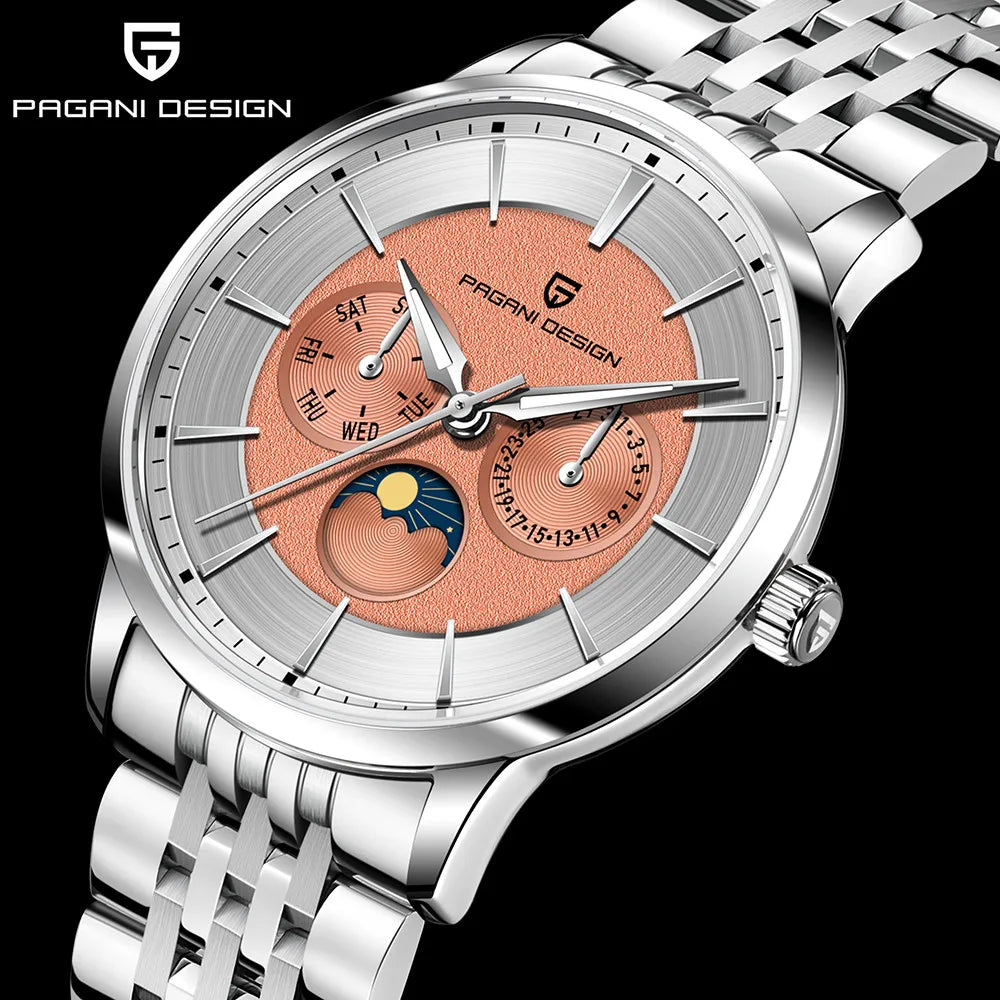 Pagani Design 2025 New 40mm Moon Phase Multifunctional Men Watch 100m Waterproof Sapphire Glass Men Quartz Watches