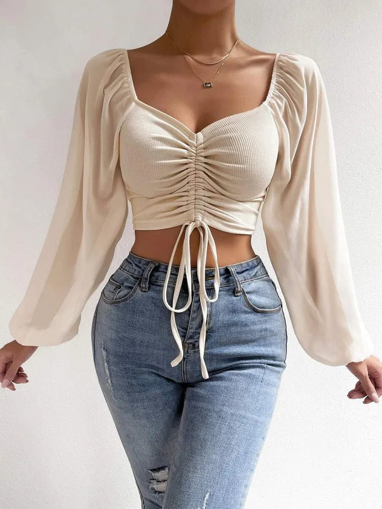 Ladies Summer Casual Drawstring Crop Tops Tee