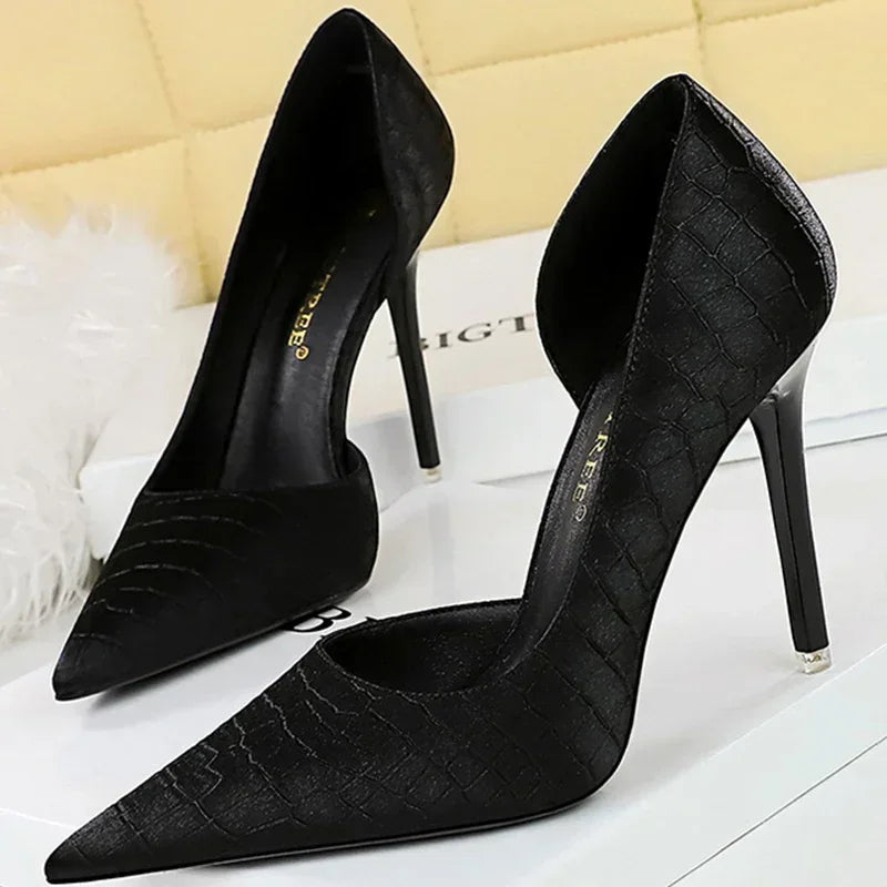 Women 11cm High Heels Retro Green Blue Fashion Catwalk Pumps Lady Silk Satin Heels Stone Pattern Design Shoes Plus Size 34-43