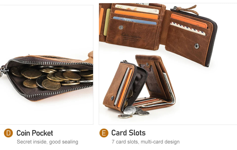 CONTACT'S Genuine Crazy Horse Leather Men Wallets Vintage Trifold Wallet Zip Coin Pocket Purse Cowhide Leather Wallet For Mens