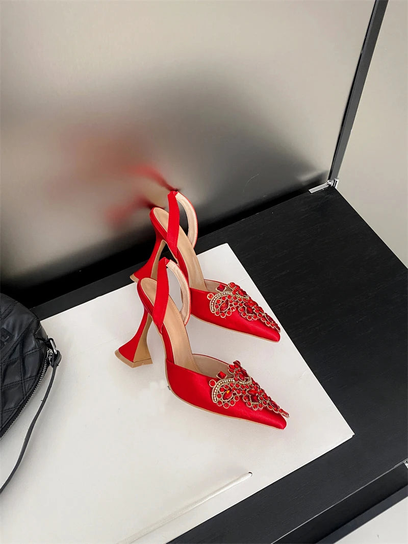 Liyke Spring Summer Fashion Crystal Rhinestone Women Pumps Sexy Pointed Toe Red High Heels Party Wedding Prom Shoe Sandal Female