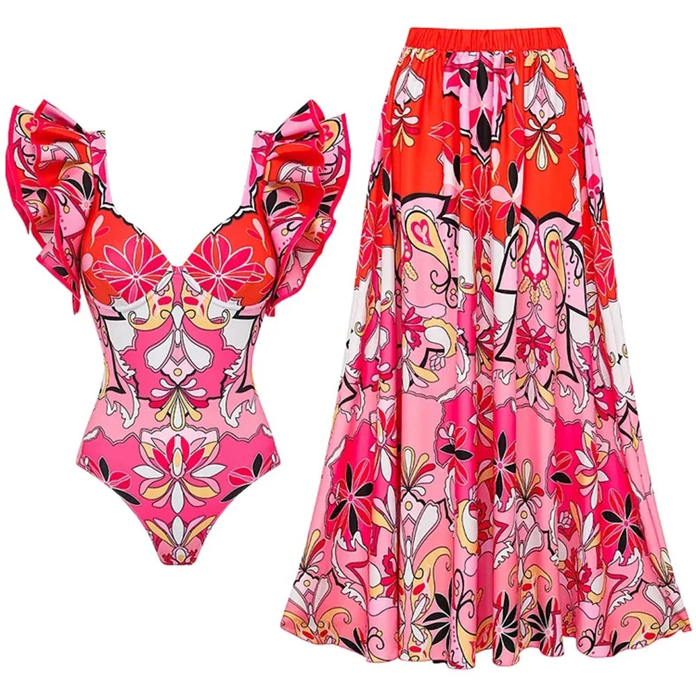 Women Swimsuit with Skirt Beachwear