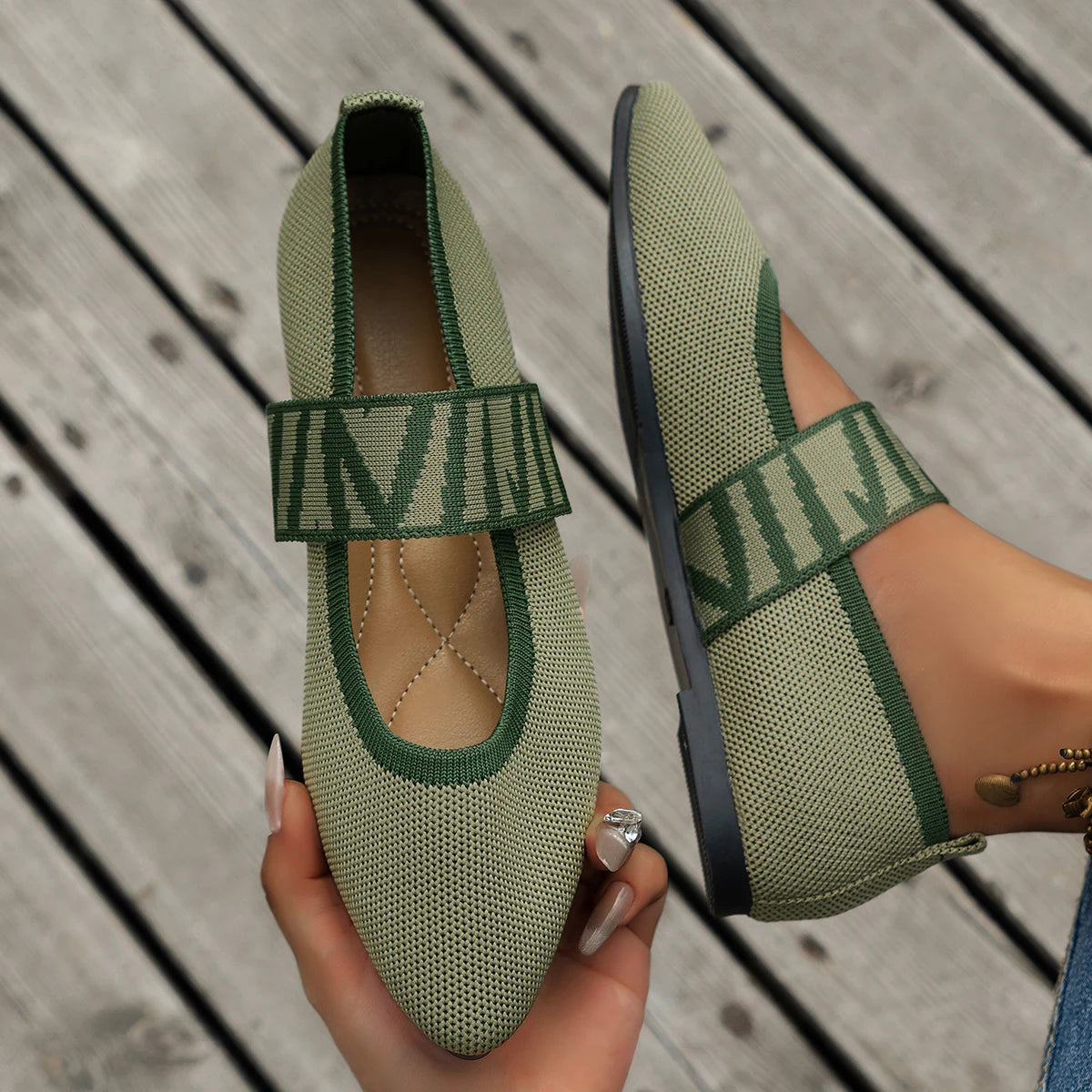 Knitted Color-block Women's Flat Shoes Dressy Ballet Flats Casual striped straps Pointed Toe Loafers Female