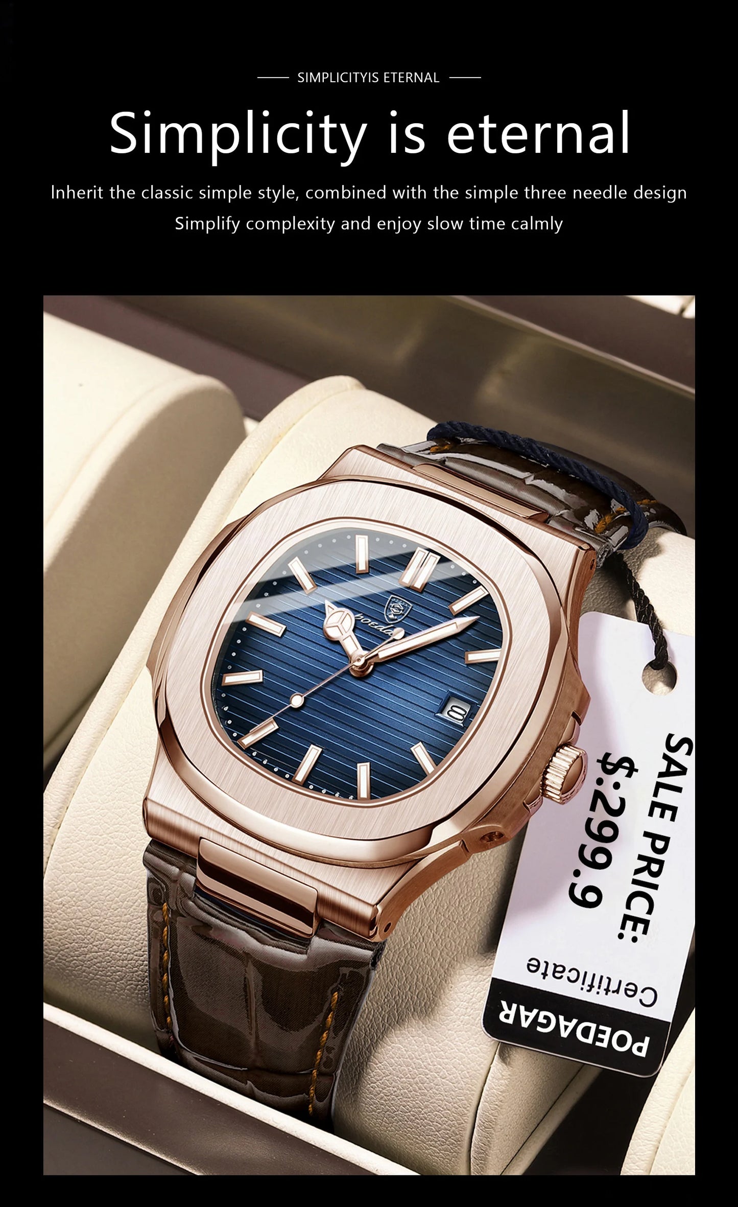 POEDAGAR Top Luxury Square Man Watch Date Waterproof Luminous Quartz Men Watches High Quality Fashion Sports Leather Men's Watch