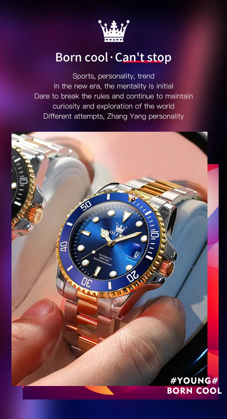 OLEVS 6650 Men Watch Classic Original Automatic Mechanical Watch For Man Zircon Scale Waterproof Luminous Stainless Steel Reloj