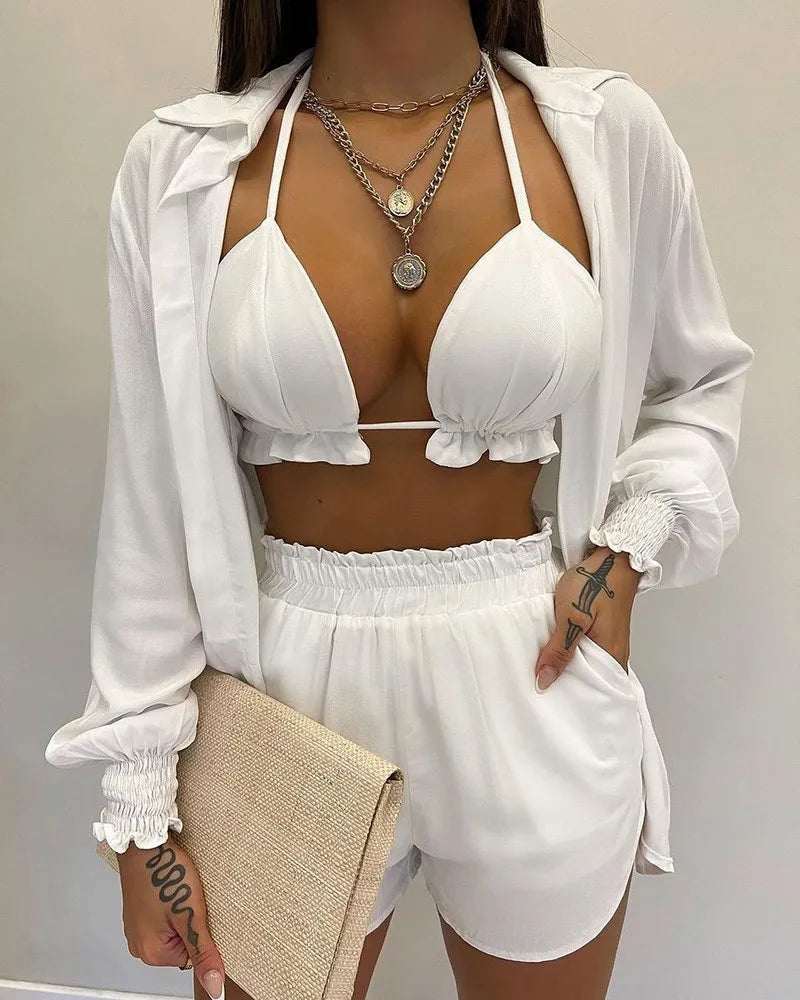 Three Pieces Swimwear Sexy Beachwear High Waist Bikini Set Print Women's Swimsuit