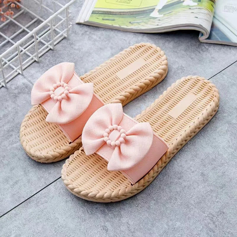 2024 Summer PVC Bow Women Sandals 3cm Thick Casual Shoes One line Elevated Flat Bottom Slippers