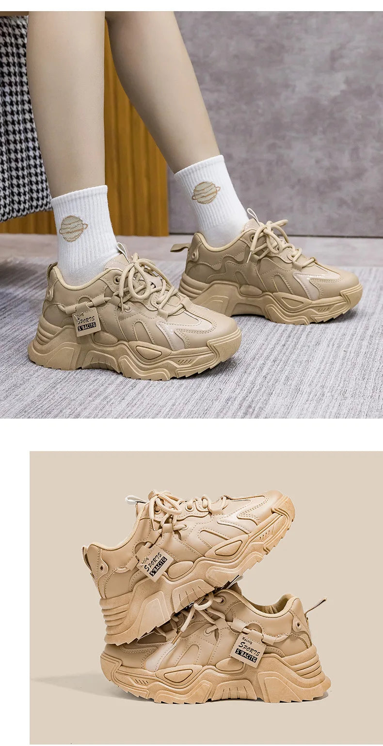 Women's Shoes Platform Autumn Leather 2023 New Versatile Black Casual Sneaker Solid Color Lace-up Vulcanize Shoes Tenis Feminino