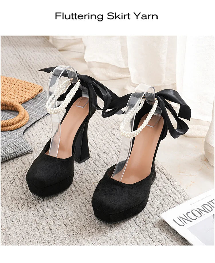 2025 Summer High Heels Womens Sandals Fashion Super High Heels Sandals Bow One Word Buckle Square Head Coarse Heels Ladies Shoes