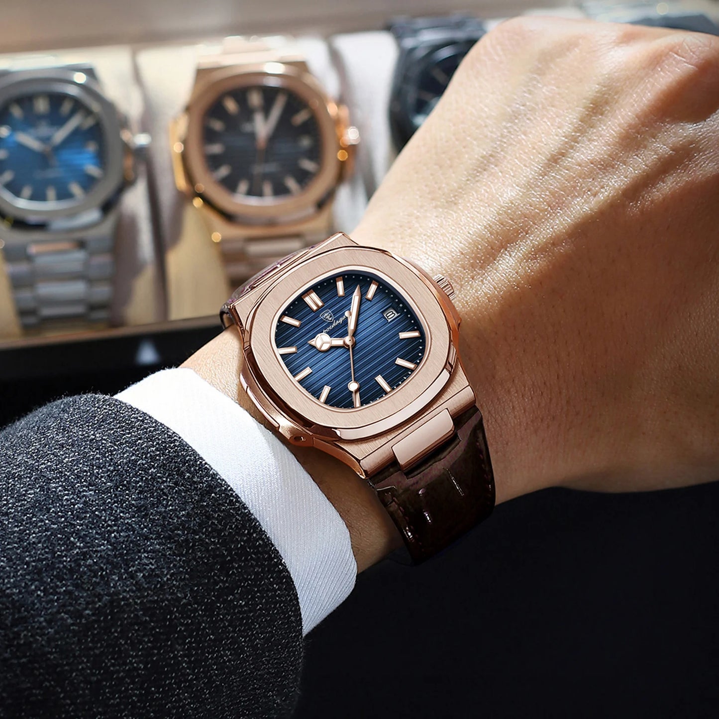 POEDAGAR Top Luxury Square Man Watch Date Waterproof Luminous Quartz Men Watches High Quality Fashion Sports Leather Men's Watch