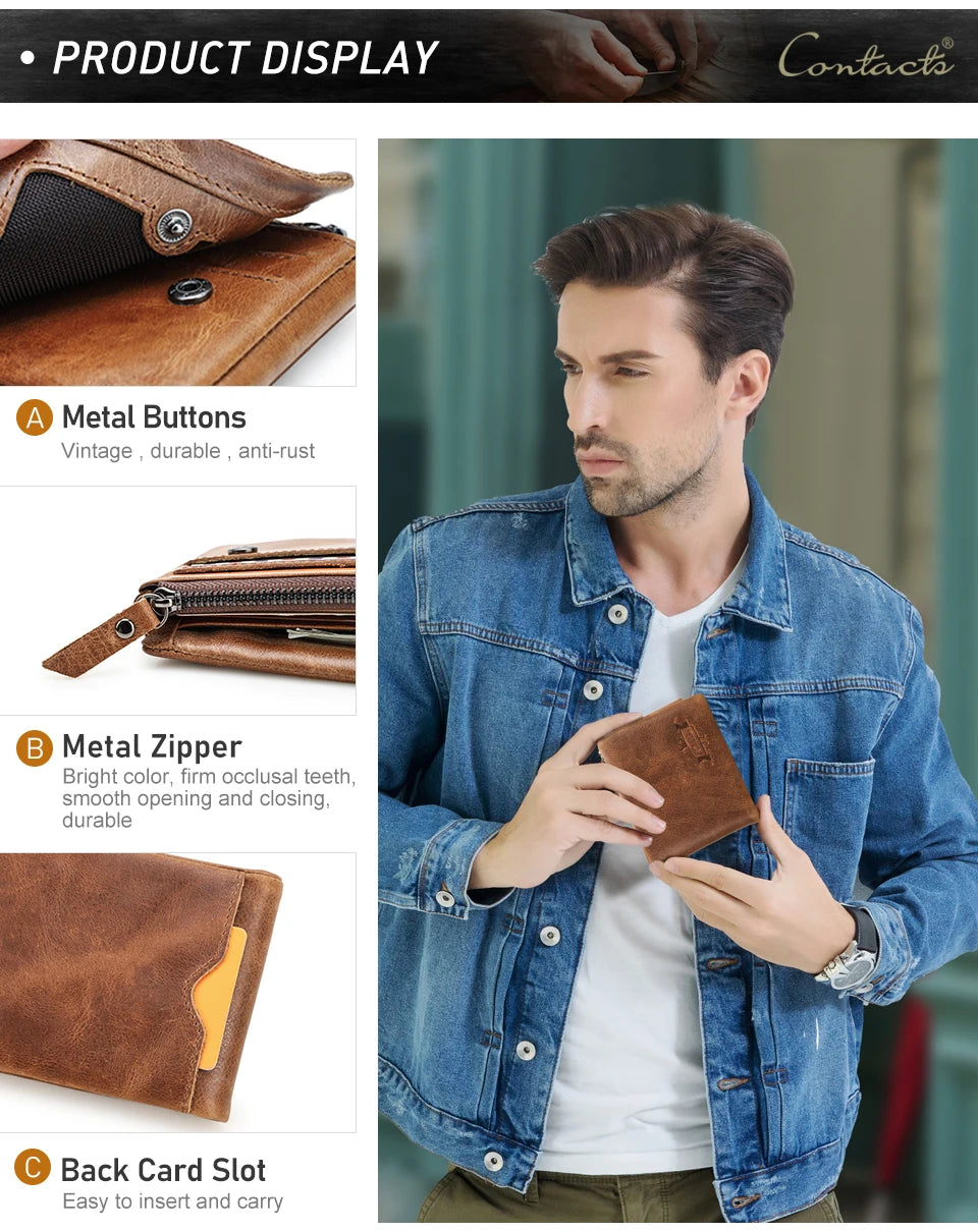 CONTACT'S Genuine Crazy Horse Leather Men Wallets Vintage Trifold Wallet Zip Coin Pocket Purse Cowhide Leather Wallet For Mens