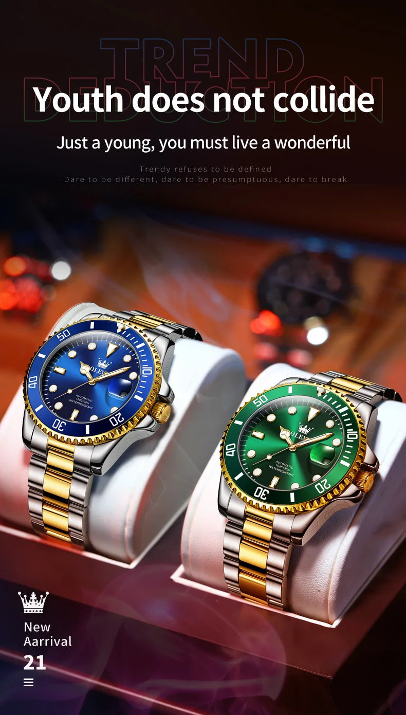 OLEVS 6650 Men Watch Classic Original Automatic Mechanical Watch For Man Zircon Scale Waterproof Luminous Stainless Steel Reloj