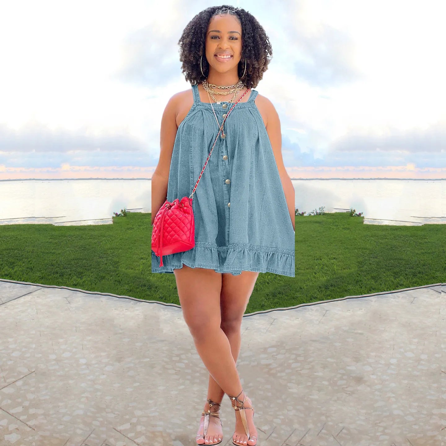 Elegant Women Denim Spaghetti Strap Dress