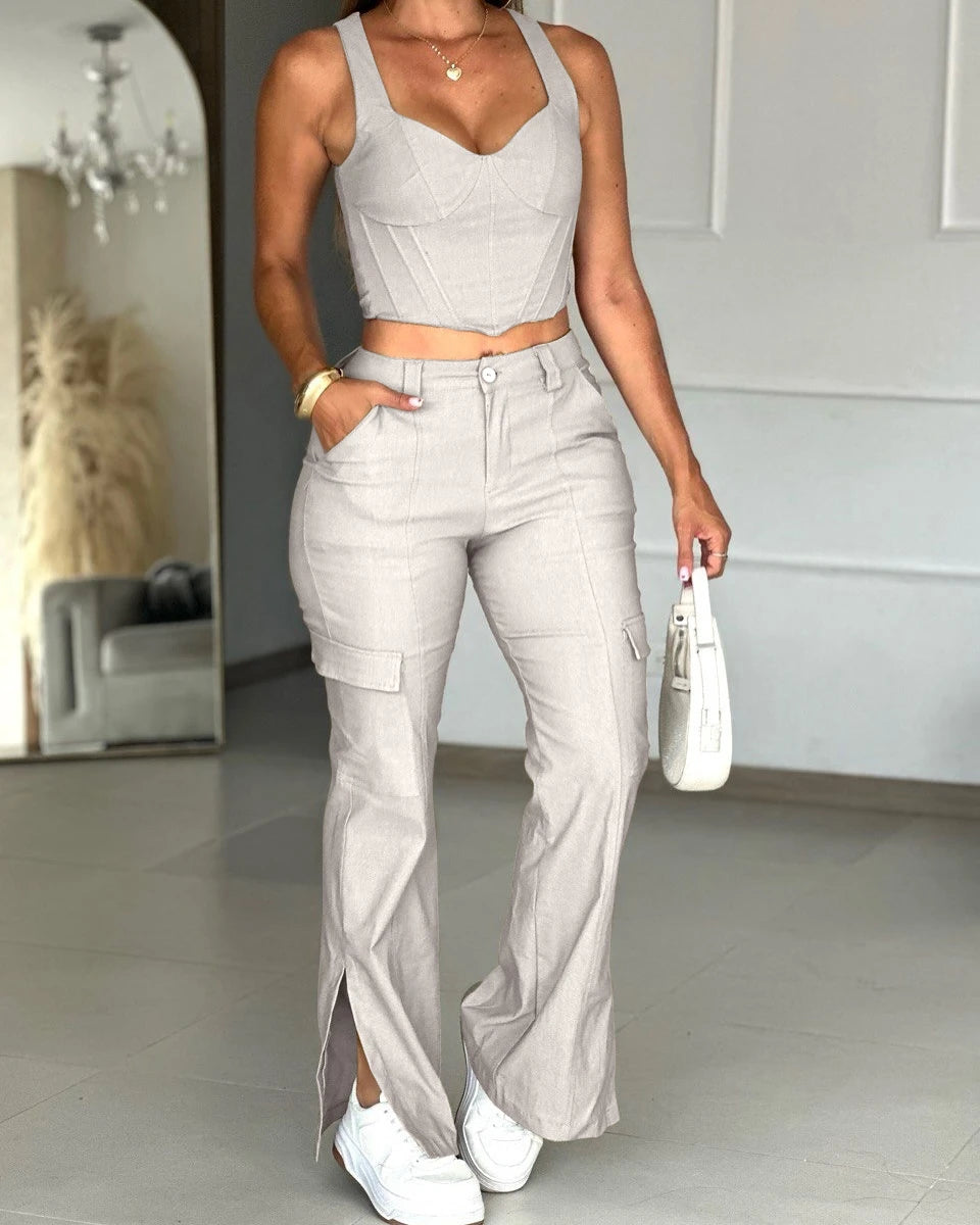 Women's Two Piece Elegant Commuting V-Neck Buttoned Vest Top and Contrast Paneled High Waist Pocket Design Wide Leg Pants Set