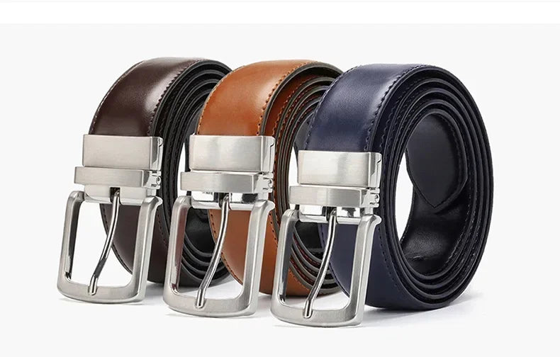 Real Genuine Leather Rotating Alloy Pin Buckle Belt for Men Unisex High Quality Cowskin Leather Cowboy Jeans Double-sided Belts