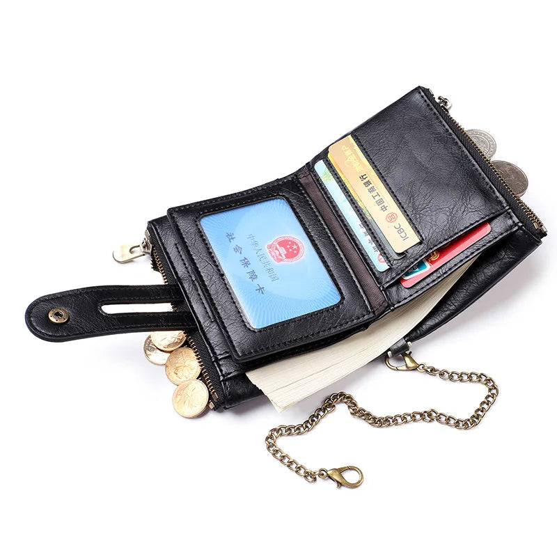 JINBAOLAI New Men's Wallet Chain Retro Double Zipper Coin Pocket Male Wallet Money Clips Multi Card Wallet For Men