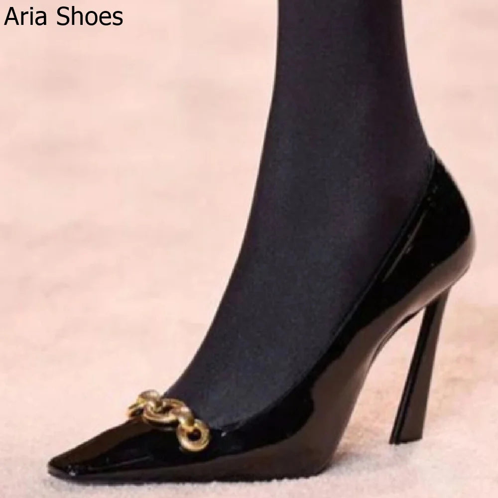 2025 New Summer Black High Heels Women's French Design Elegant 10Cm Stiletto Pumps Slip On Leather Pointed Toe Metal Buckle Shoe