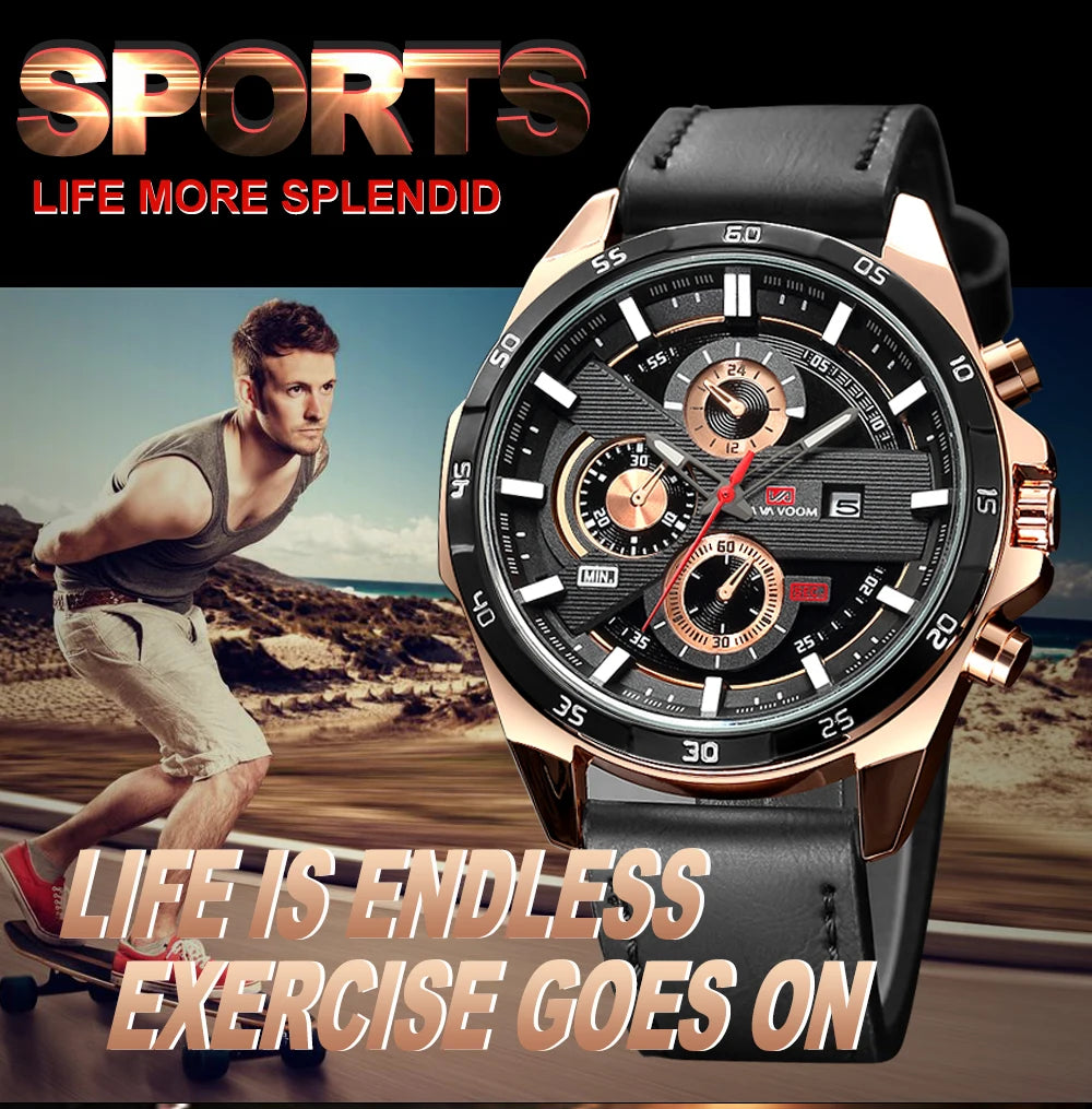 Black Leather Watch Top Brand Motorsport Series 46mm Large Military Style Quartz Movement Decorative Calendar Watch reloj hombre
