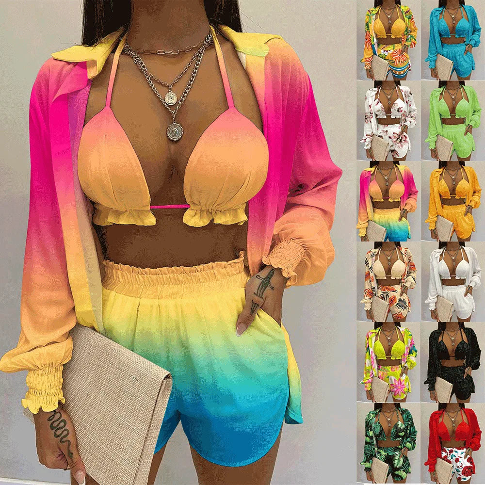 Three Pieces Swimwear Sexy Beachwear High Waist Bikini Set Print Women's Swimsuit