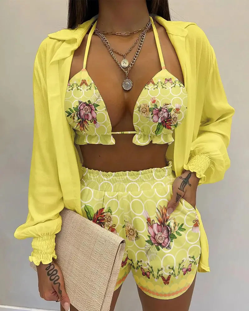 Three Pieces Swimwear Sexy Beachwear High Waist Bikini Set Print Women's Swimsuit