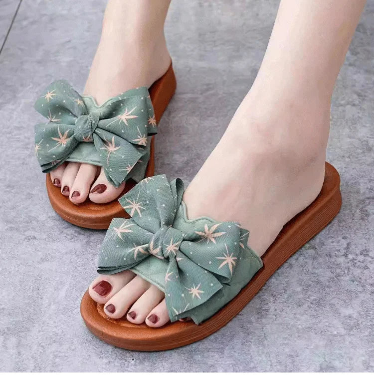 2024 Summer PVC Bow Women Sandals 3cm Thick Casual Shoes One line Elevated Flat Bottom Slippers