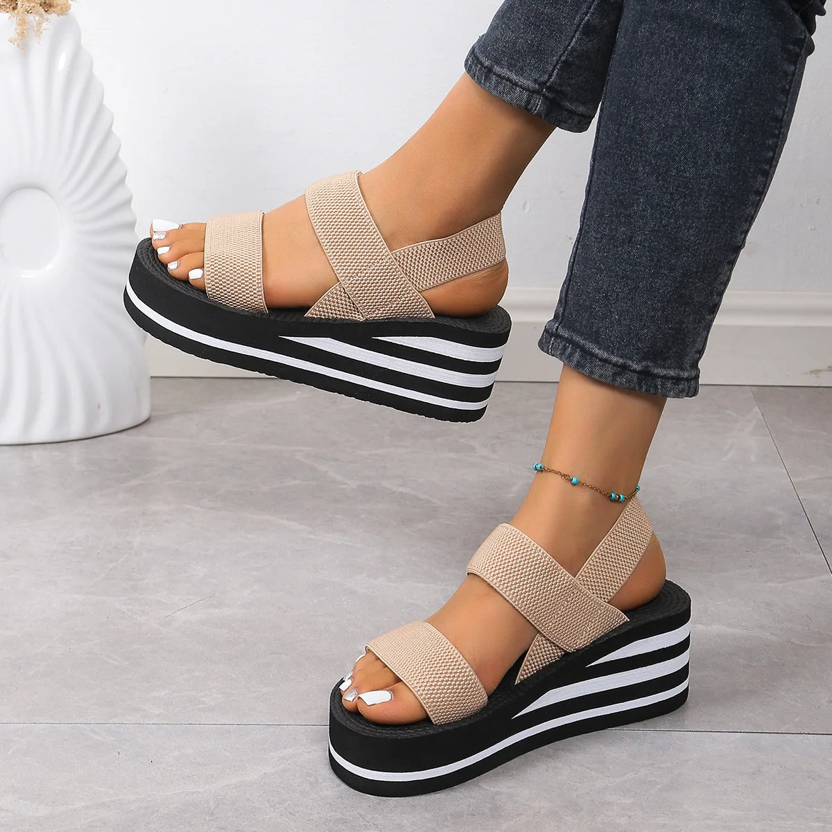 Women's Leisure Wedge Sandals Open Toe Thick Soled Platform Summer Casual Shoes Back Strap Light Weight Ladies Slingback Sandals