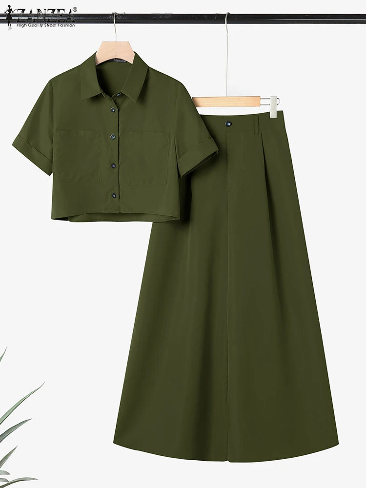 ZANZEA Plus Size 5XL Women Pant Sets Summer Two-piece Outfits Fashion Short Sleeve Shirts and High Waist Wide Leg Pants Suits