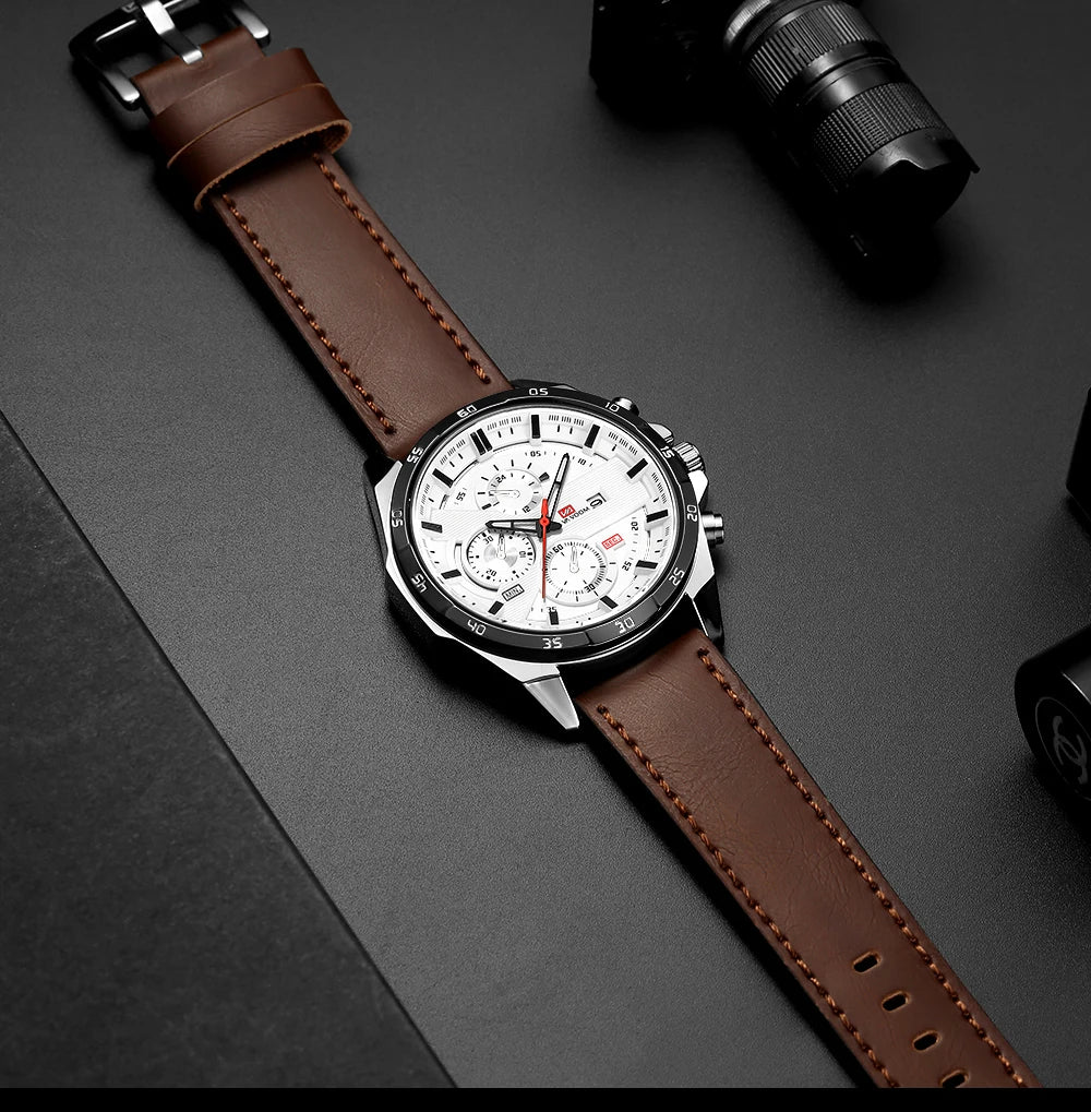 Black Leather Watch Top Brand Motorsport Series 46mm Large Military Style Quartz Movement Decorative Calendar Watch reloj hombre