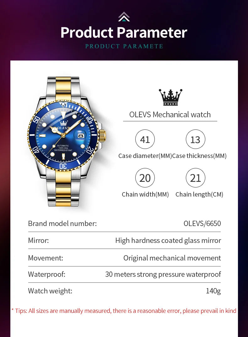 OLEVS 6650 Men Watch Classic Original Automatic Mechanical Watch For Man Zircon Scale Waterproof Luminous Stainless Steel Reloj