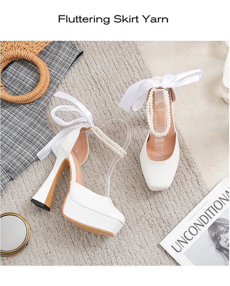 2025 Summer High Heels Womens Sandals Fashion Super High Heels Sandals Bow One Word Buckle Square Head Coarse Heels Ladies Shoes