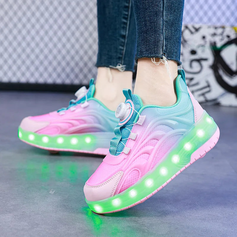 Kids Roller Skate Sneakers Glowing Sports Luminous Sneakers Skateboard USB Charging