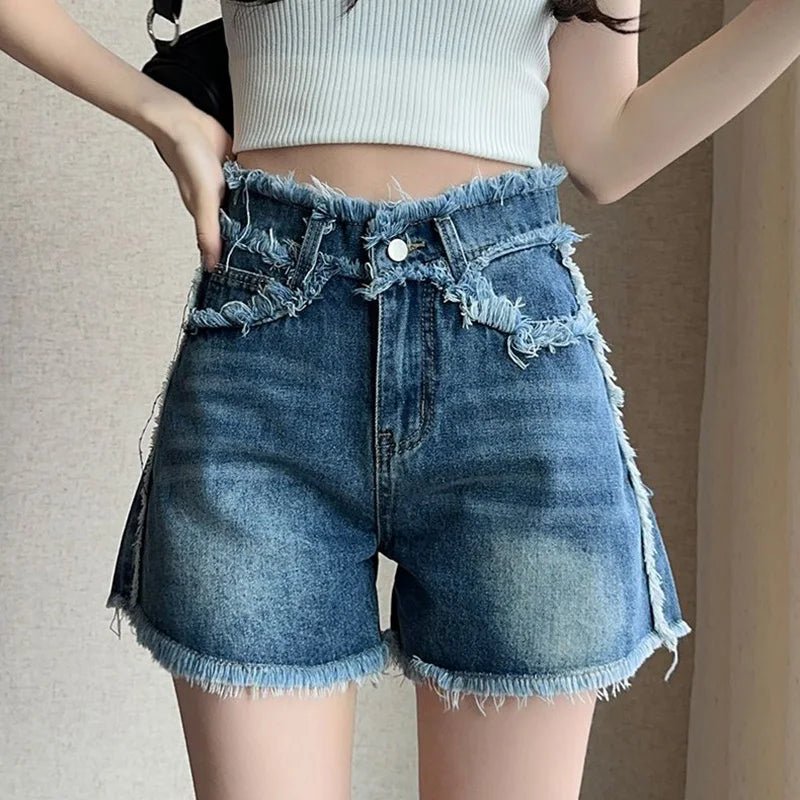 2025 Popular Women Casual Jeans Shorts Female New Cuffs Vogue Cute high Waisted Jeans Girls A-line Design Sense Baggy Hot Pants