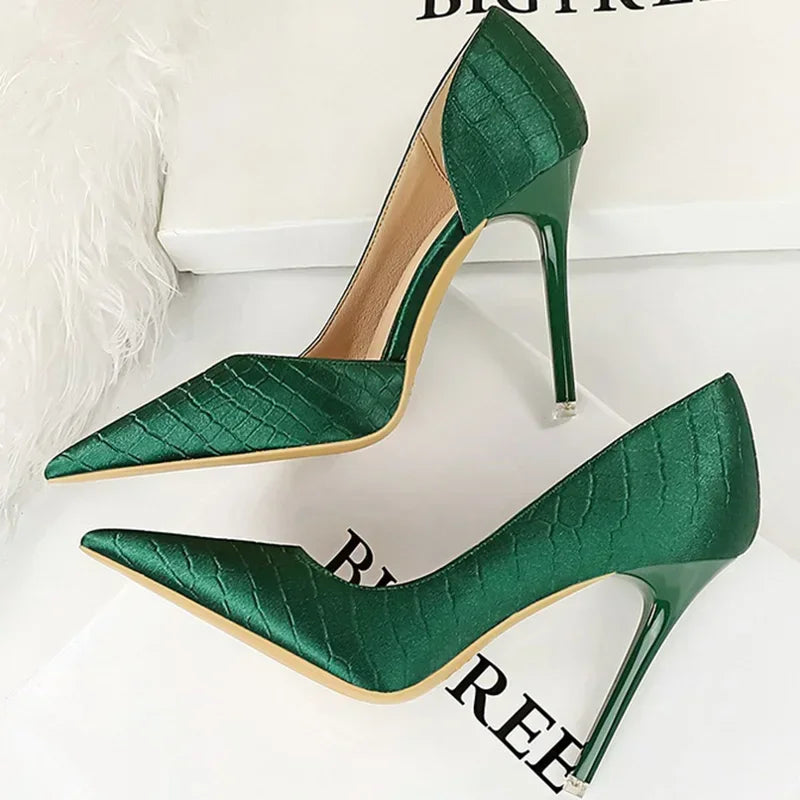 Women 11cm High Heels Retro Green Blue Fashion Catwalk Pumps Lady Silk Satin Heels Stone Pattern Design Shoes Plus Size 34-43