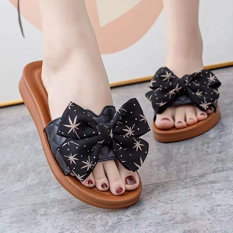 2024 Summer PVC Bow Women Sandals 3cm Thick Casual Shoes One line Elevated Flat Bottom Slippers