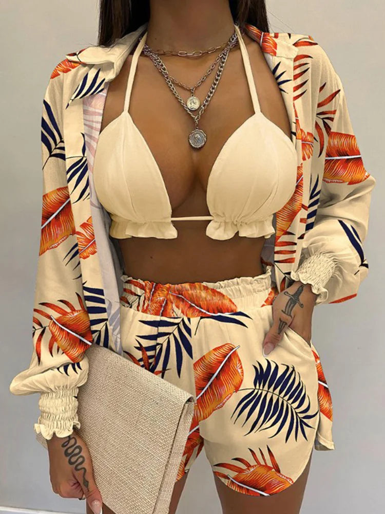Three Pieces Swimwear Sexy Beachwear High Waist Bikini Set Print Women's Swimsuit