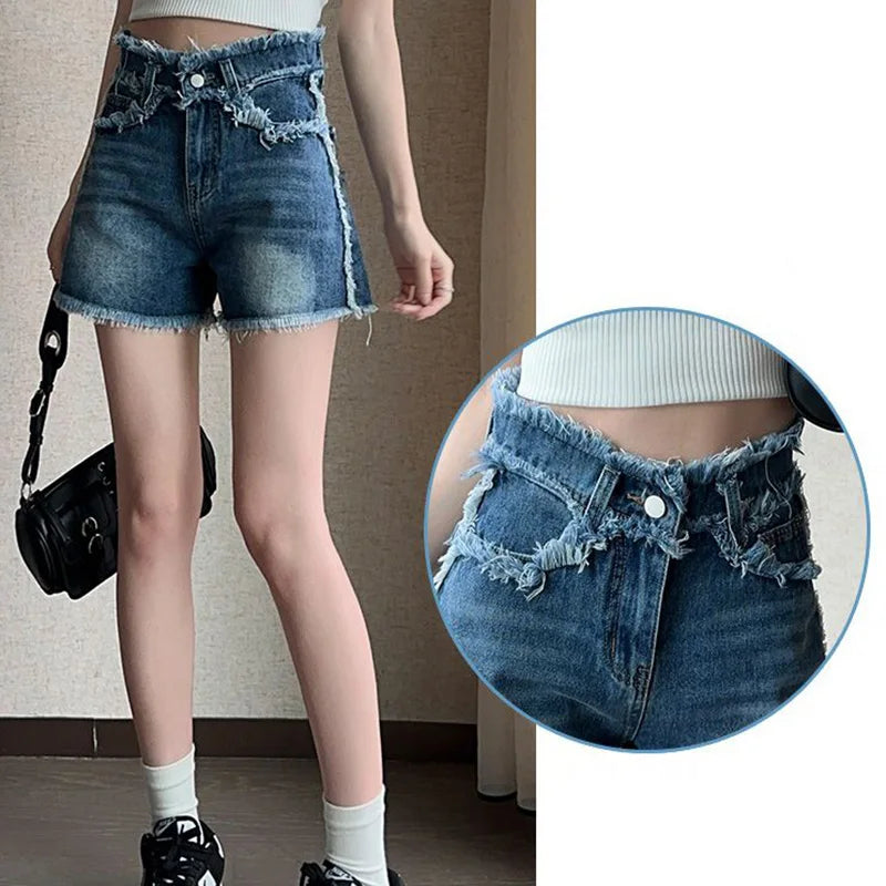 2025 Popular Women Casual Jeans Shorts Female New Cuffs Vogue Cute high Waisted Jeans Girls A-line Design Sense Baggy Hot Pants
