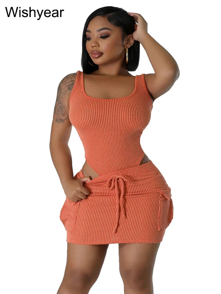 Swimsuit 2 Pieces Set Women Mini Skirts with Pocket Beach Outfits