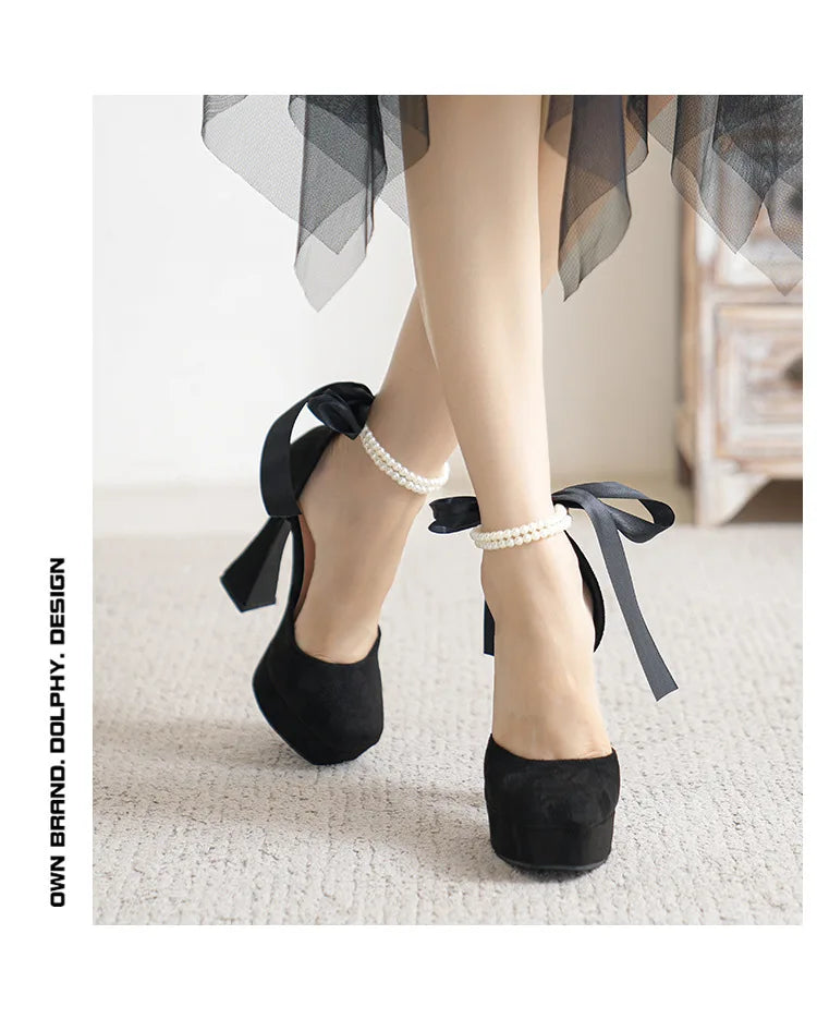 2025 Summer High Heels Womens Sandals Fashion Super High Heels Sandals Bow One Word Buckle Square Head Coarse Heels Ladies Shoes