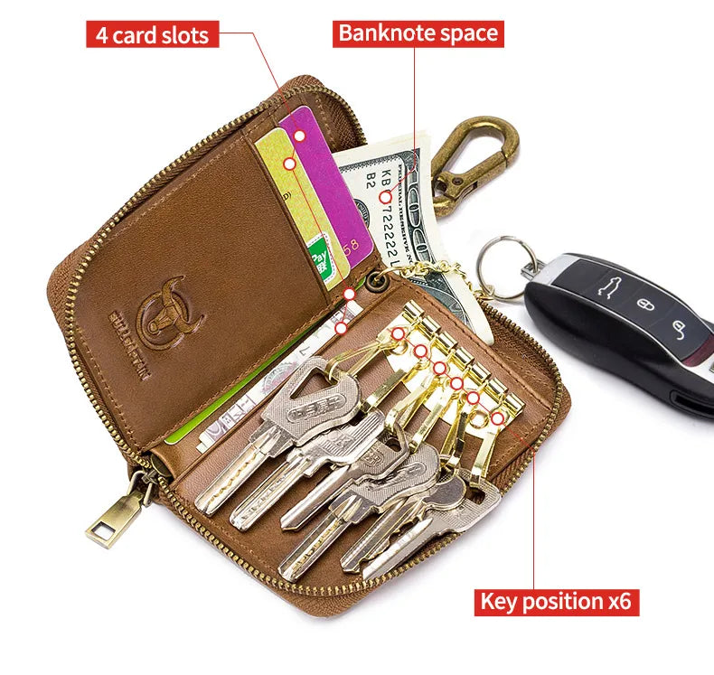 BULLCAPTAIN Genuine Leather Men's Key Card Bag High-quality Multi-function Key Box Car Key Chain Wallet Mini Card Bag Key Clip