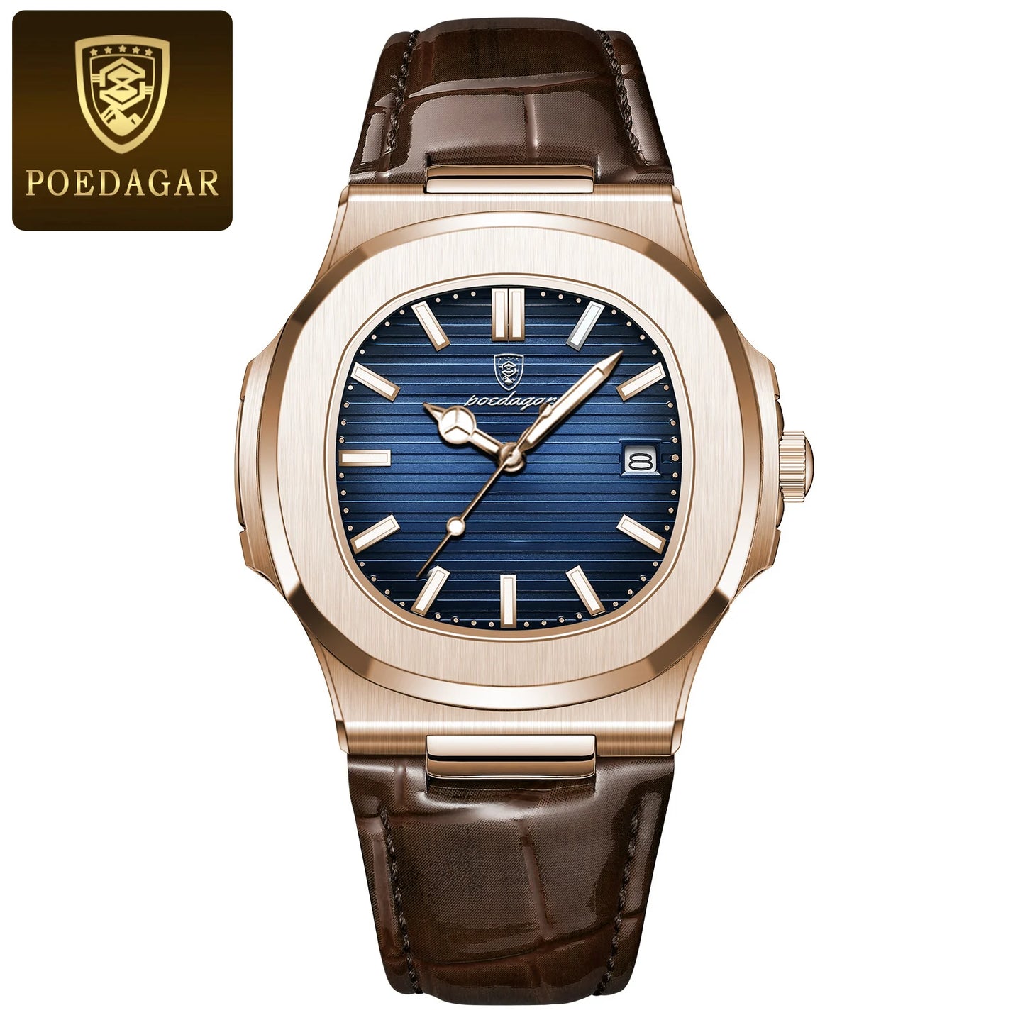 POEDAGAR Top Luxury Square Man Watch Date Waterproof Luminous Quartz Men Watches High Quality Fashion Sports Leather Men's Watch