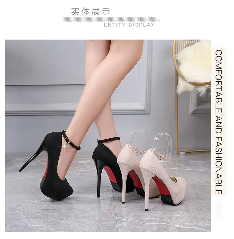 Women's One-button Round Toe High Heels Women's Stiletto High Waterproof Platform Suede Single Shoes