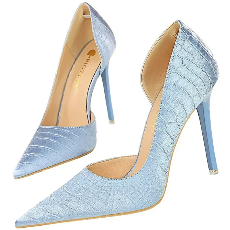 Women 11cm High Heels Retro Green Blue Fashion Catwalk Pumps Lady Silk Satin Heels Stone Pattern Design Shoes Plus Size 34-43