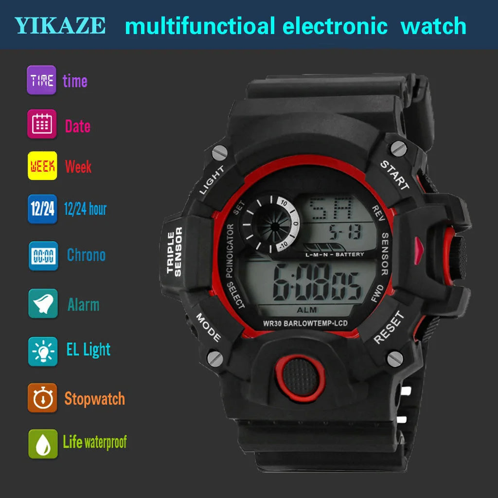 YIKAZE Y73 Men's Watch Digital Sports Electronic Wristwatch Multifunctional Waterproof Luminous Alarm Male's Sports Watch Clock