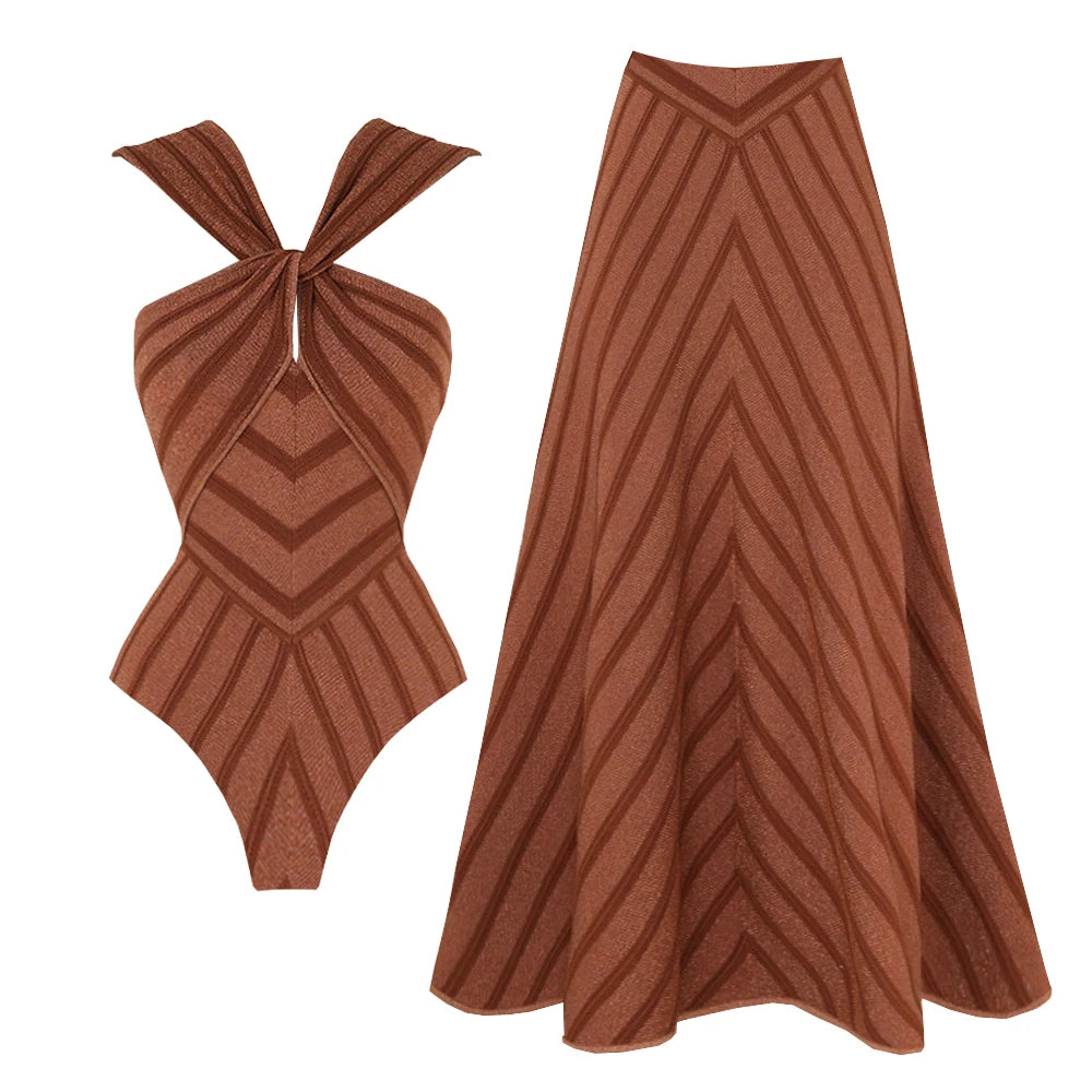 2Pcs Swimsuit with Long Skirt Sexy Women Bikini Beachwear
