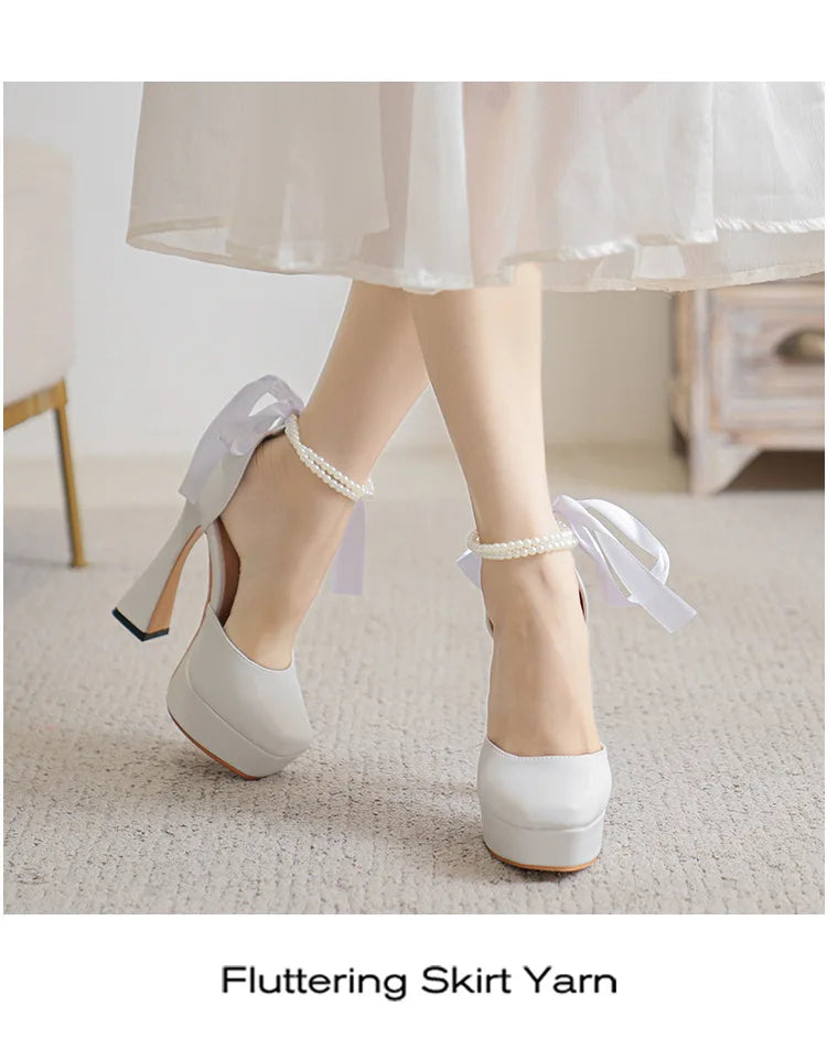 2025 Summer High Heels Womens Sandals Fashion Super High Heels Sandals Bow One Word Buckle Square Head Coarse Heels Ladies Shoes